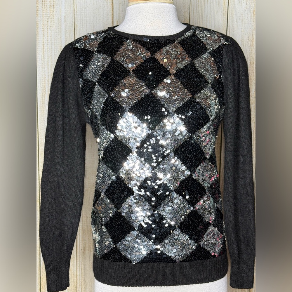 Vintage Le Chois Sequin Argyle Wool Silk Sweater